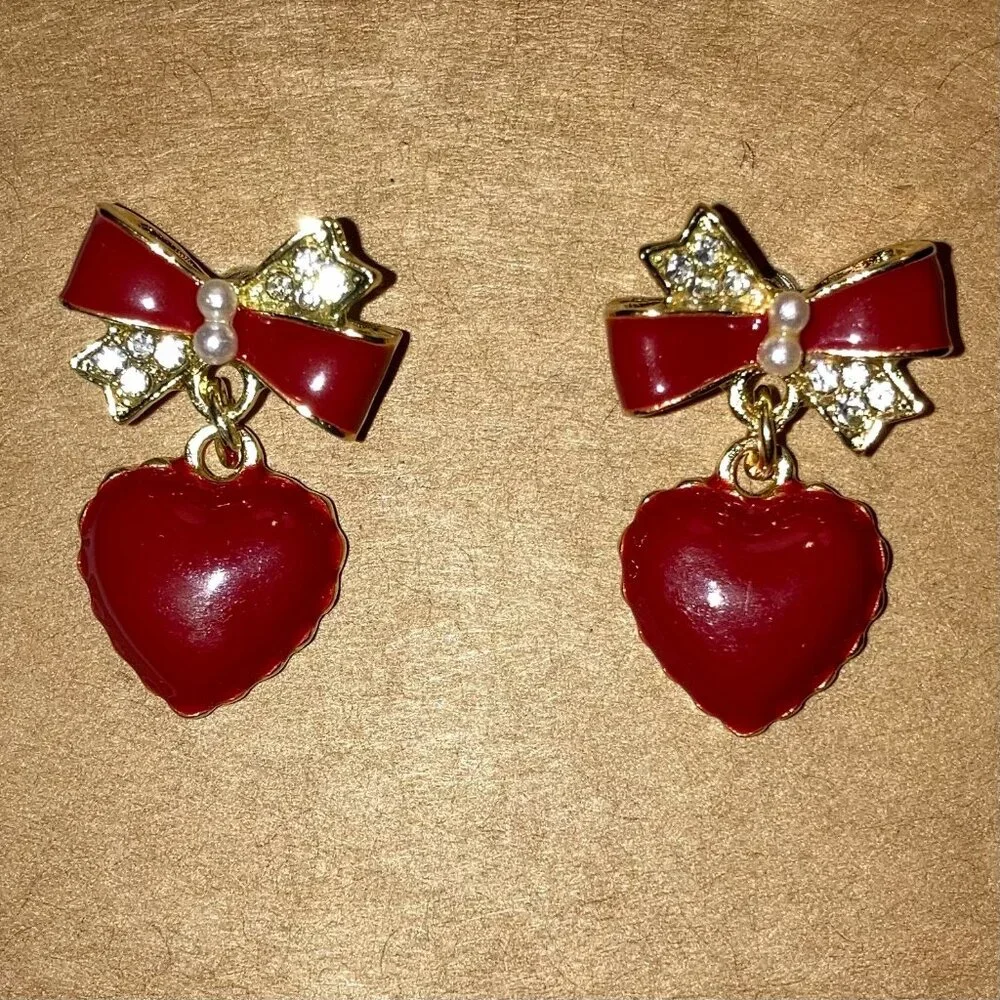 Red Bow Heart Pearl Stud Earrings Whimsy Coquette Kawaii Cocktail Love Jewelry